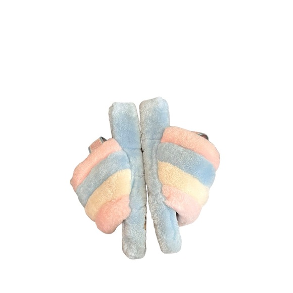 UGG Pastel Fluff Yeah Furry Pride Slingback Striped Pink Blue Slippers Sandals - Picture 4 of 12
